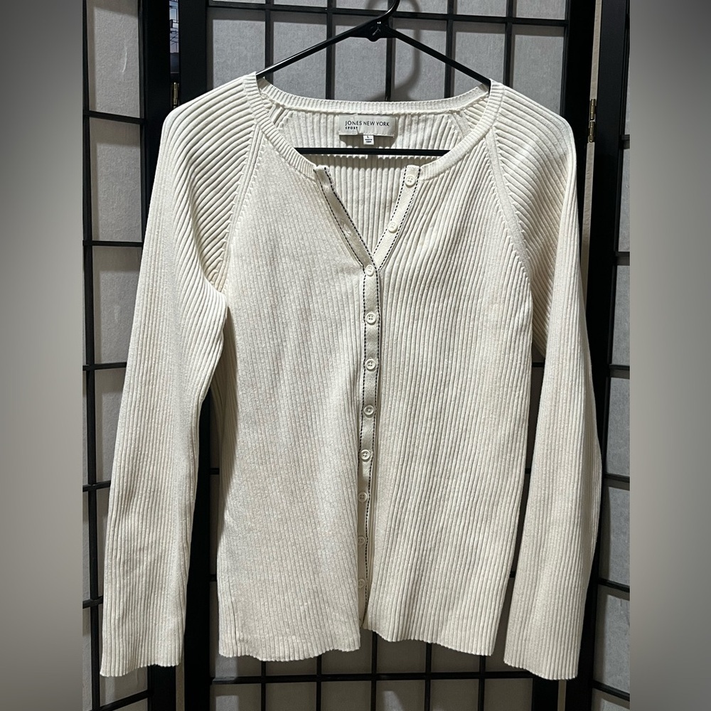 Jones New York Off-White Ribbed Button-Up Cardigan WOMENS SIZE L